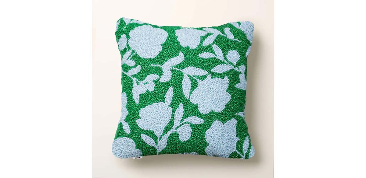 Beaded Classic Rose Square Throw Pillow Green-Blue 