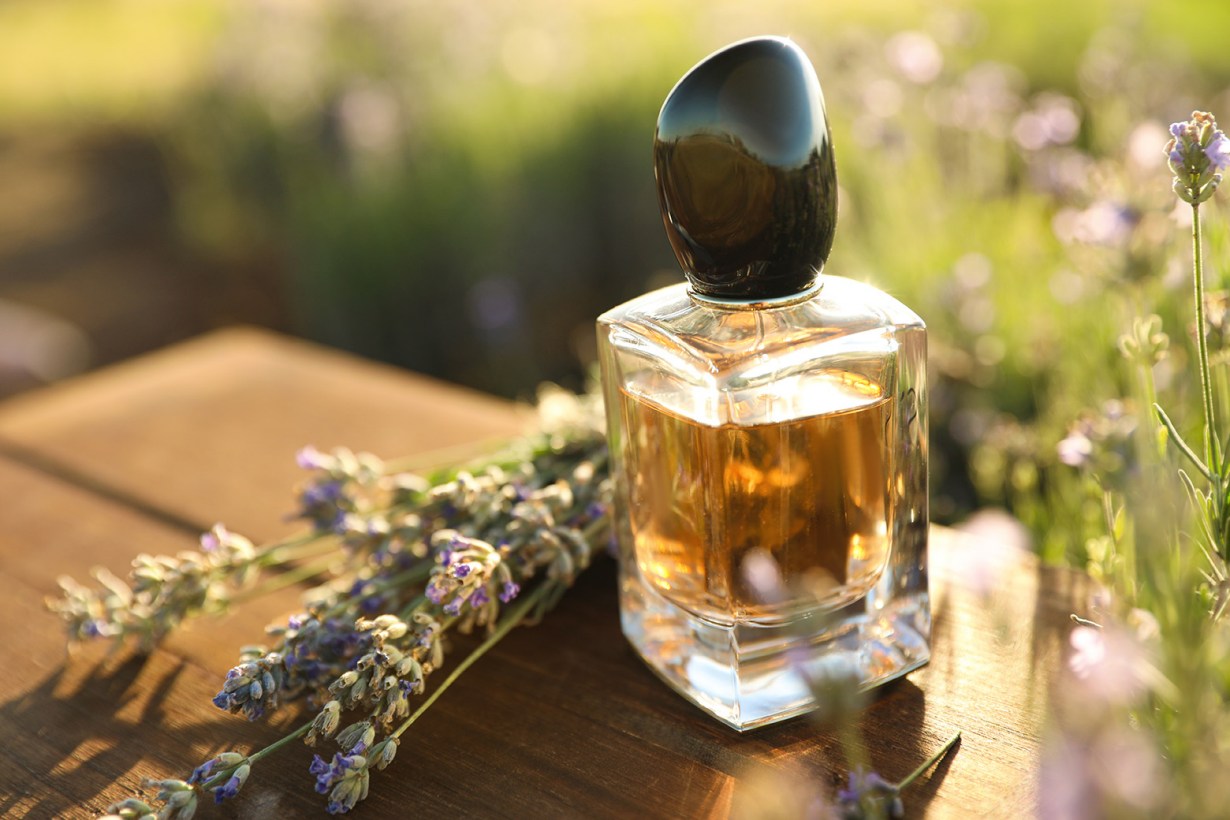 a bottle of perfume beside some plants