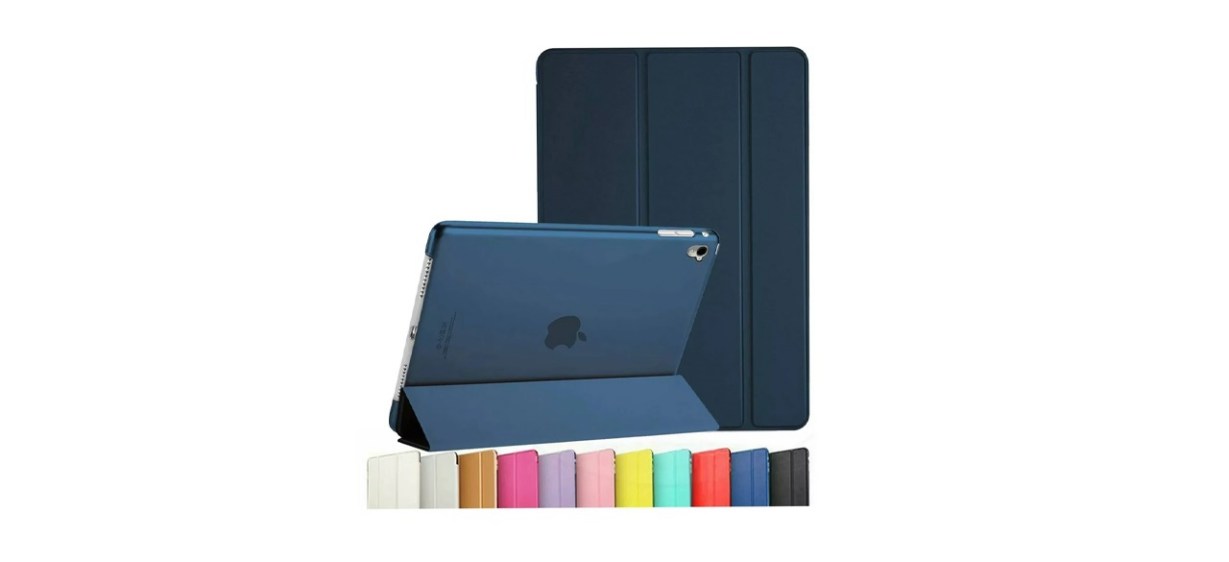 Semi-transparent iPad case. The other side is blue. There are other colors shown beneath it.