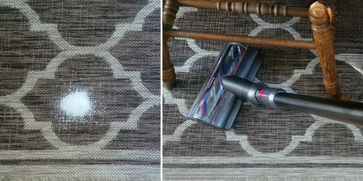 Collage with debris on floor on left side and Dyson V15 Detect cleaning debris on right side Collage with debris on floor on left side and Dyson V15 Detect cleaning debris on right side