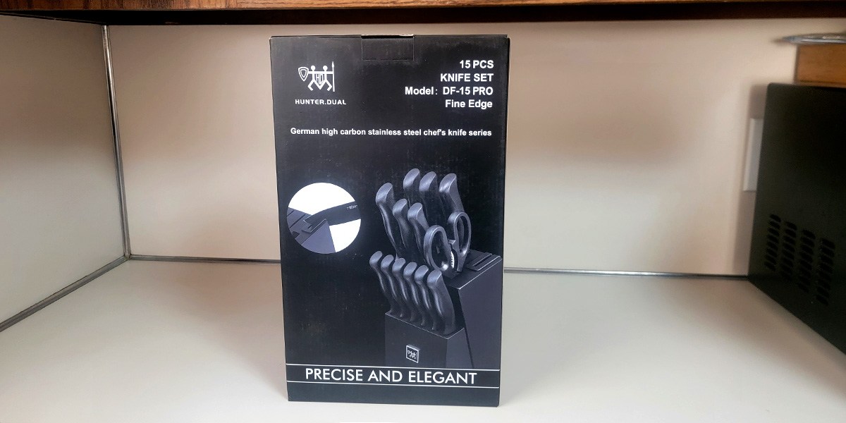 Hunter.Dual Knife Set in product box on kitchen counter Hunter.Dual Knife Set in product box on kitchen counter