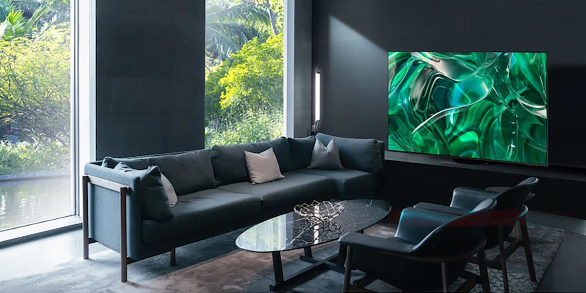 Samsung S95C OLED  on black wall in living room