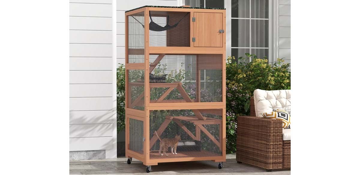 PawHut Catio Outdoor Cat House on Wheel, Orange