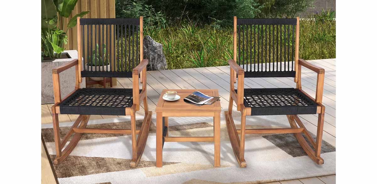 Costway 3pcs Patio Acacia Wood Bistro Table Rocking Chair Set