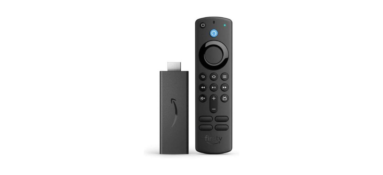 Amazon Fire TV Stick and remote on white background