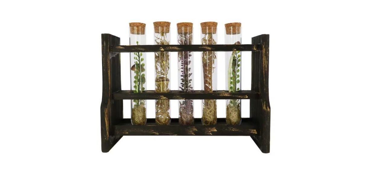 5 small test tubes with fake herbs in them mounted on a tabletop wooden stand