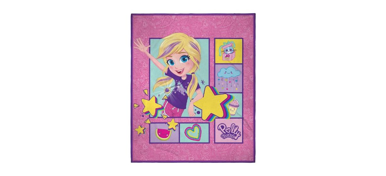 pink throw blanket with images of a Polly Pocket character, a cat in a box, a cloud, a boba drink, a heart, a watermelon and some stars, with purple trim.