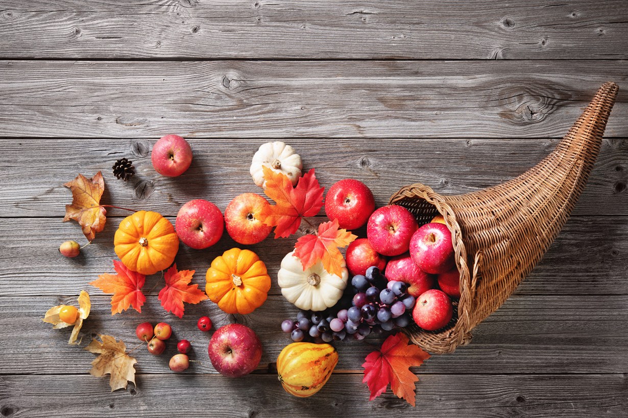 a cornucopia basket filled with food