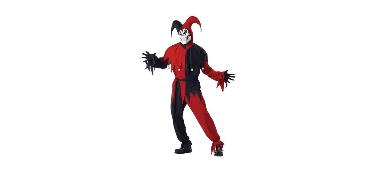 adult wearing black and red evil jester costume with a scary mask