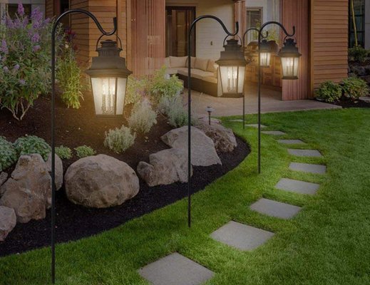 Adjustable Heavy Duty Metal Bird Feeder Pole Garden Hanging Stake Stand for Hanging Plant Baskets Solar Lights Lanterns Folektype Double Shepherd Hook 78 inch Tall 3/4 inch Thick with 5 Prongs Base 