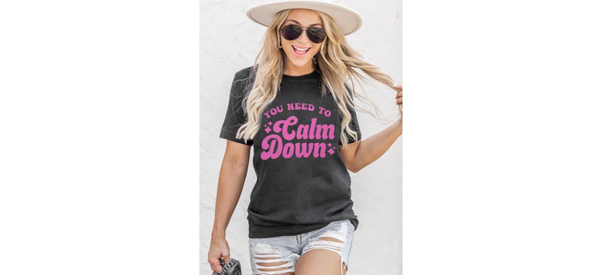 Woman wearing black JINTING You Need to Calm Down T-Shirt