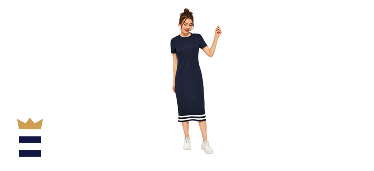 Romwe Women’s Casual Striped Short Sleeve Solid Midi T-Shirt Dress