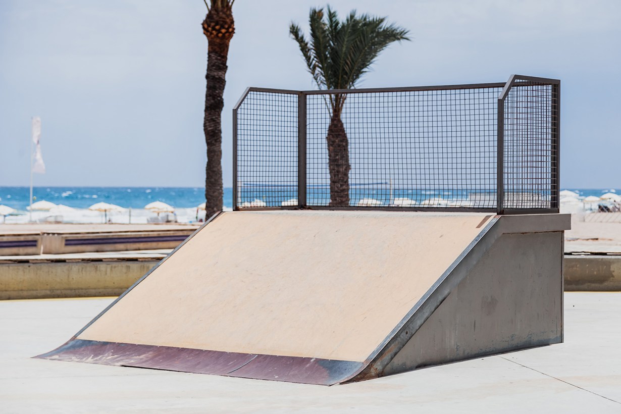 a skateboard ramp near the beach