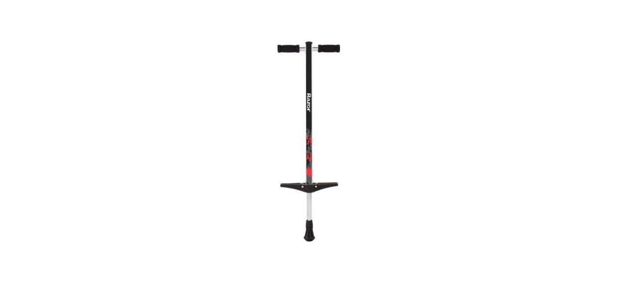 black Razor Gogo Pogo Stick with gray and red details on it
