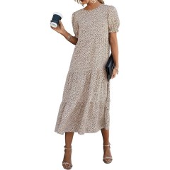 Pretty Garden Puff Sleeve Casual Midi Dress w/ Puff sleeves